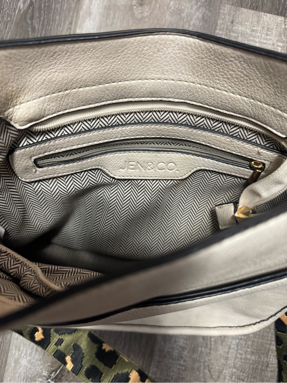 Cream Leather Shoulder Bag with Camo Accent Strap - Picture 3 of 4